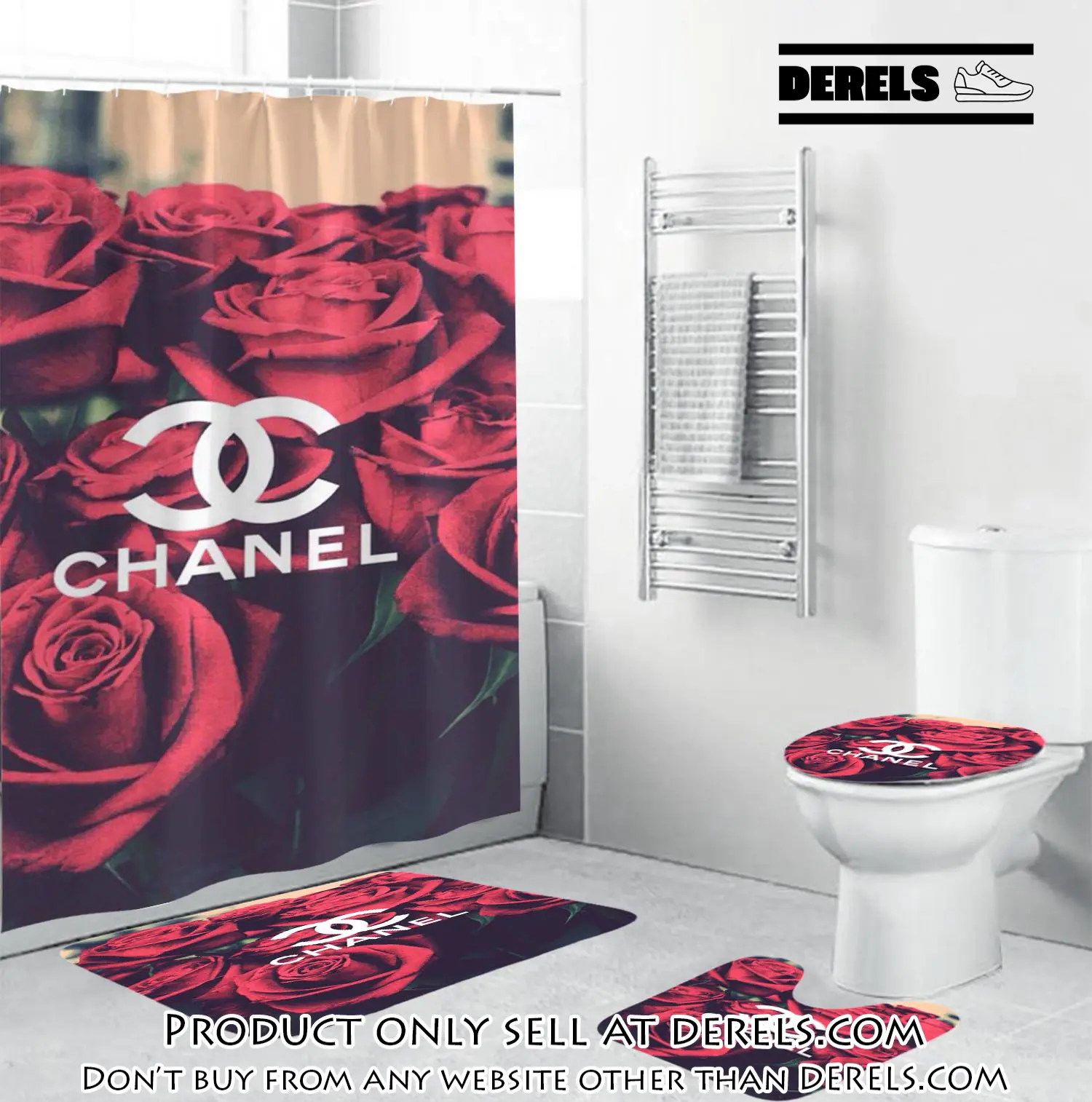 Coco chanel logo in red roses background bathroom set shower curtain dr1128220